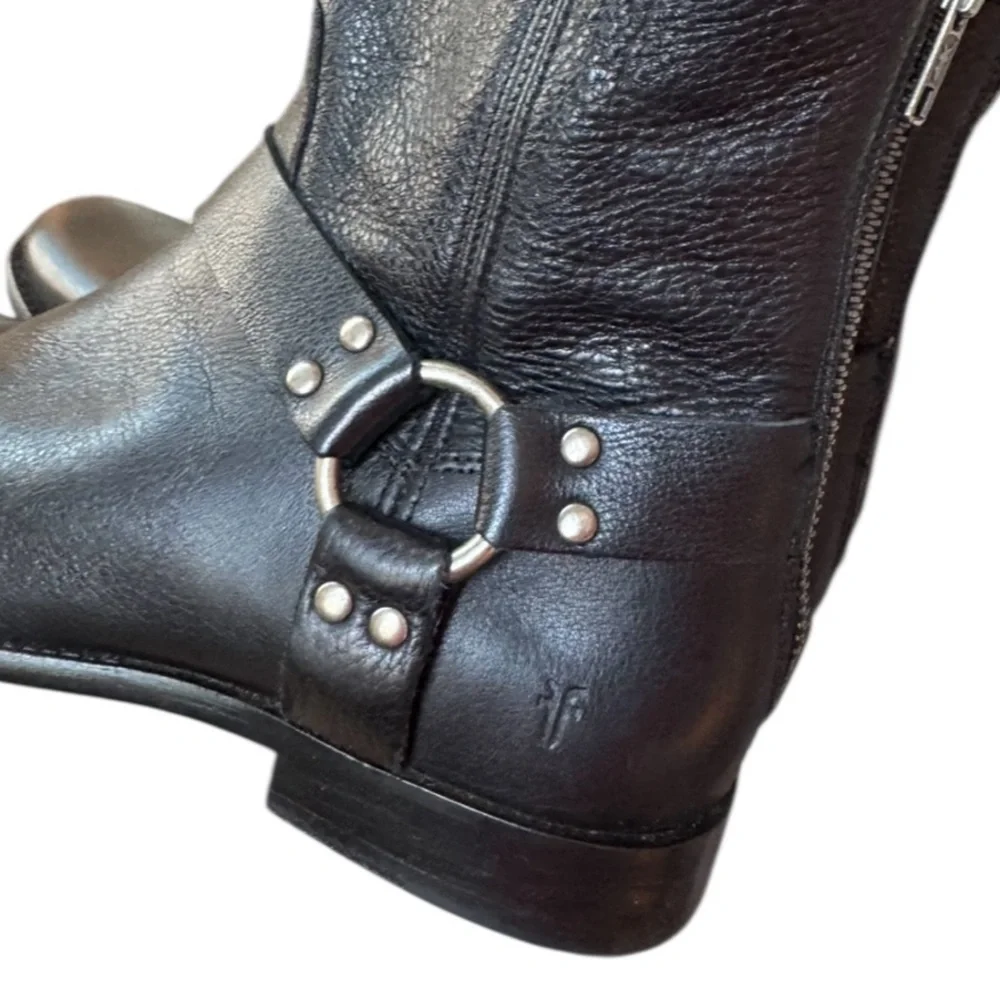 FRYE Phillip Harness‎ Moto Black Leather Short Ankle Boots Size 9
